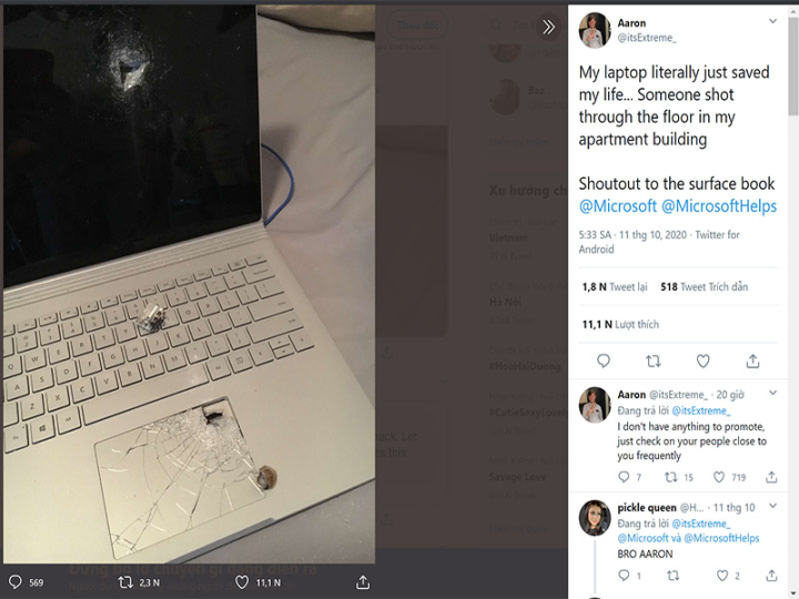 Microsoft Surface Book đỡ một viên đạn lạc và cứu mạng chủ sở hữu của nó