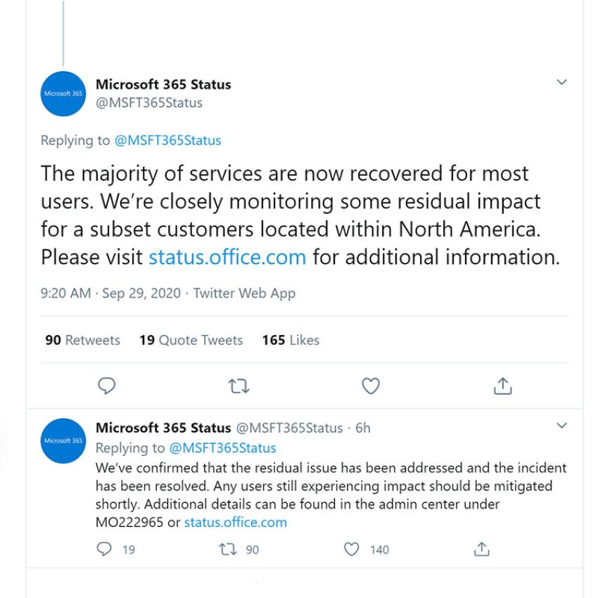 Dòng thông báo của Microsoft gửi tới người dùng trên Twitter ngay sau khi sự cố xảy ra